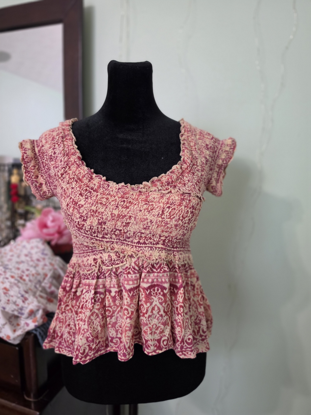 Patrons of Peace Pink Printed Peplum Top with Ruffle Neckline